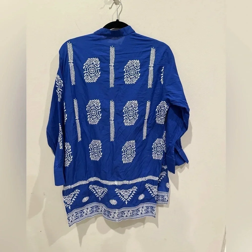 Zara blue cotton tunic top contrasting embroidery Size Small 2800 - Picture 10 of 12